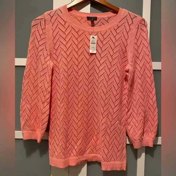 Talbots Linen Blend Pointelle Crewneck Loose Knit Sweater Coral Women’s XS NWT - Picture 4 of 12